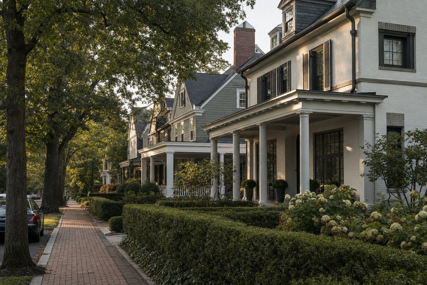 A tree-canopied street of older detached homes with deep front porches and a brick sidewalk, late afternoon light.