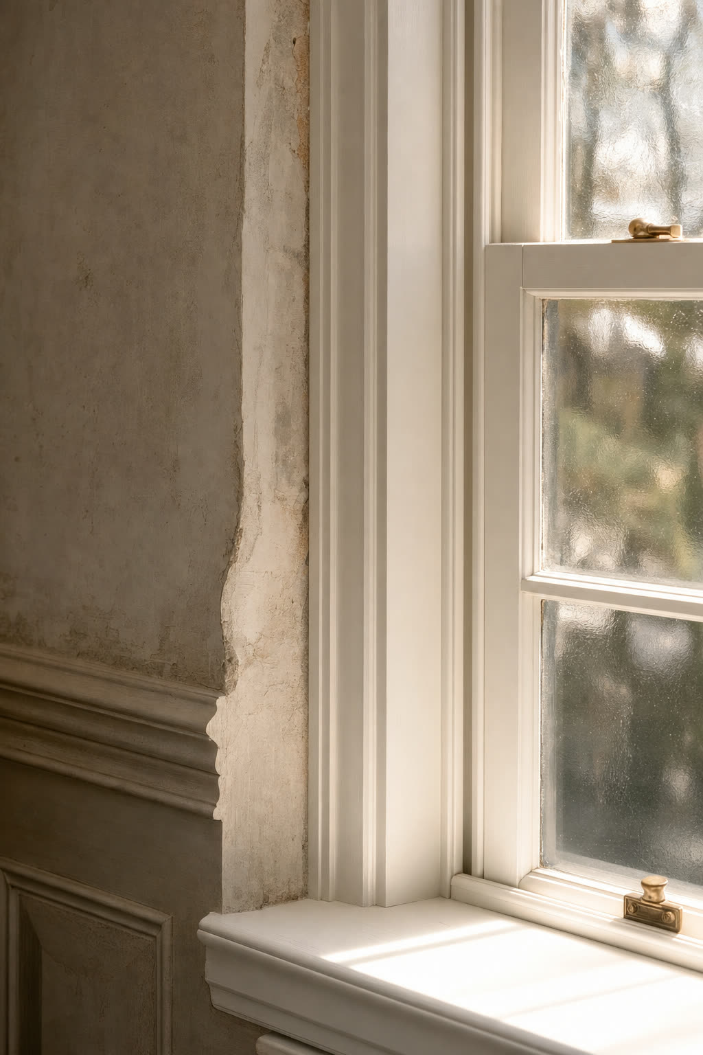 Restored double-hung window with antique glass, brass hardware and original plaster wall.